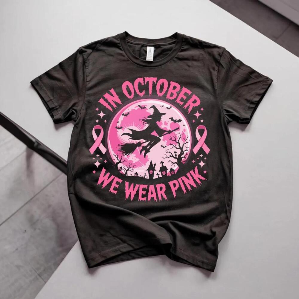 In October We Wear Witch Shirt, Halloween Witchy Graphic Tee For Women